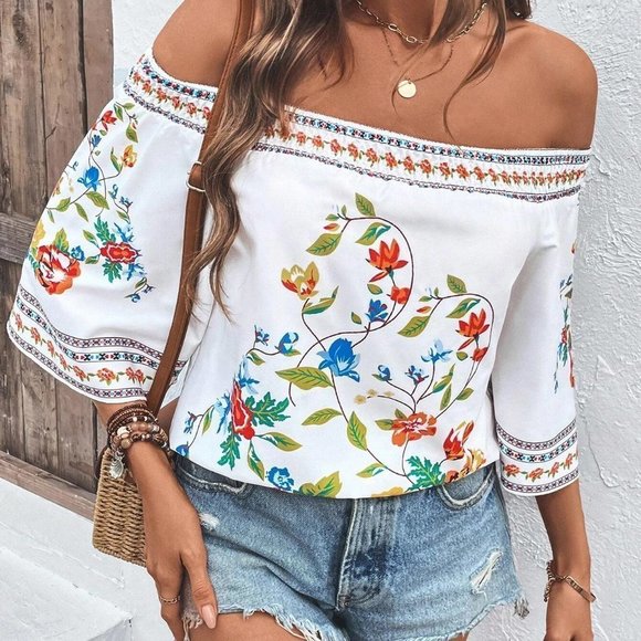 Multicolor Boho Womens Floral Print Off Shoulder Blouse - Picture 3 of 5